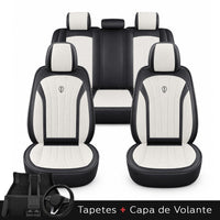 Kit Completo de Capas para Banco de Carro Protecar em Couro Legítimo Universal 5 Lugares Com Airbag + Tapetes e Capa de Volante